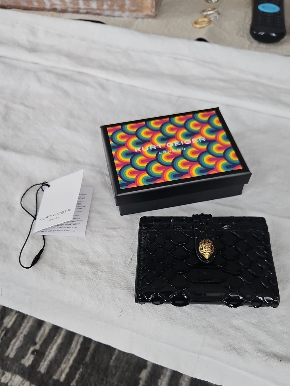 Kurt Geiger Black Patent Leather Compact Wallet with Gold Clasp